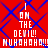 Red background with blue diamond lattice pattern, white pixelated text reading "I AM THE DEVIL! MUHAHAHA!!!" repeated in two vertical