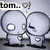 Two cartoon figures embrace with hearts above them, one figure holds a blue object while text reads "tom..." and "i love you..." in red.