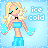 Pixel art contact sheet showing two frames of an animated buddy icon featuring a blonde female character in winter attire with blue polka-dot gloves and text reading "ice cold" on a light blue background.