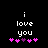Pixelated text 'i love you' in white on black background with pink and purple heart symbols below, animated hearts shift position.