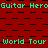 Red background with black checkered pattern and repeating green text "Guitar Hero" and "World Tour" in horizontal