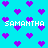 Pixelated cyan background with scattered purple hearts and repeated white text "SAMANTHA" in a retro digital style.