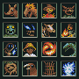 Pixel art grid of 16 distinct icons featuring animals, characters, and effects with green borders on dark backgrounds.