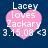 Four identical pink heart-shaped icons with white text reading "Lacey loves Zackary 3.15.08 <3" on a dark blue background, each displaying slight pixelation differences.