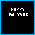 Pixel art of 25 'HAPPY NEW YEAR' icons with black backgrounds, blue and white text, and varying small decorative elements like stars and dots