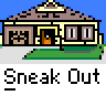 Animated pixel art contact sheet showing a child character's school and home scenes with text bubbles, transitioning from daytime to nighttime settings.