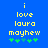 Blue background with yellow pixelated text reading 'i love laura mayhew' and five green plus signs below, where the third sign changes from light blue to dark green between frames.