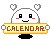 Pixelated character with white rounded head, black eyes, red cheeks, and heart-shaped ears holds yellow sign reading CALENDAR against gray background.