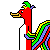 Pixelated red dragon with green-yellow crest and yellow beak, holding rainbow-striped fabric, standing on white background.