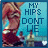 Animated contact sheet of a 48x48 pixel buddy icon showing a woman in a red swimsuit with text "MY HIPS DONT LIE" against a blue background, cycling through frame variations.