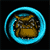 Pixelated cartoon character with brown face and gray eyes inside a glowing cyan circular border on black background.
