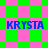 Four identical blue text labels reading 'KRYSTA' on a green and pink checkered background with diamond-shaped patterns.