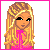 Pixel art contact sheet showing a female character's full body, torso, legs, head, and text elements in pink and white color scheme.