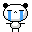 Pixelated cartoon panda head with black ears, blue tears streaming down white face, small nose, and gray body against light gray background.