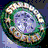 Pixelated circular icon with multicolored floral border surrounding a central purple area containing abstract shapes and scattered light effects.