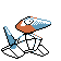 Pixelated cartoon character with blue and orange head, white shell-like body, and blue tail in four alternating poses on gray background.