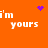 Orange background with white text 'i'm yours' repeated four times and three purple pixelated symbols: a heart, a starburst, and a cluster.