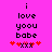 Pixelated text 'i love you babe' on bright pink background with red heart symbols, animated heart symbols changing position.