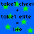 Blue background with green stars and repeated text 'takel cheer' plus 'takel elite' forming equations equaling 'life'.