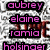 A static image displays four distinct text-based icons with names in pink and purple fonts over various backgrounds including a blurred face, heart shapes, and abstract patterns.