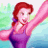 A pixelated cartoon character with red hair in a purple dress stands against a colorful background, next to the Disney Princess logo on a pink backdrop.