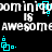 Pixelated text and cyan geometric shapes repeat across a black background in a static pattern with no visible motion changes.