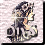 Pixelated figure with long dark hair in profile, wearing a black outfit and holding a guitar against light background.