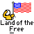 Pixelated yellow figure holding American flag with text 'Land of the Free' and 'Home of the Brave' below.