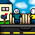 Pixel art animation showing two characters behind a fence, one with yellow shirt and blue pants, the other in teal shirt and blue pants; a large smiling face appears, followed by an explosion effect.