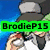 Pixelated character image with green text overlays reading 'BrodieP15' and 'Loves Pokemon' against a blue background.