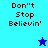 Pixelated text 'Don't Stop Believin'' on blue backgrounds with two star icons in different positions.