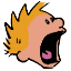Pixelated cartoon character head with spiky yellow hair, peach skin tone, and open mouth showing black interior with pink tongue on gray background.