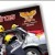 Pixelated image shows a vehicle with yellow headlights, dark body, and red accents on a maroon background.