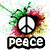 A static image with four distinct sections: a peace symbol with colorful splatters, black hearts, hands holding a red sphere, and a gray area.