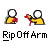 Two pixelated figures with white circular heads and yellow bodies, one holding a red object, below text reading Rip Off Arm on gray background.