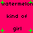 Pixelated text and green plus signs on a bright pink background with repeated watermelon and girl phrases.
