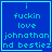 Blue background with cyan text reading "i fuckin love johnathan nd bestiez" in four , one has a cyan heart and another has a cyan pixelated object