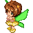 Pixel art fairy character with brown hair and green wings in four animated frames showing subtle pose changes.