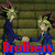 Animated pixel art of a character in blue attire with spiky blonde hair and red accents, showing sequential handshakes and seated poses against a stone background.