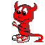 Red devil character with horns, tail, and checkered shoes in two pixelated poses against gray background.