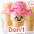 Animated icon of a smiling ice cream cone with pink scoop, displaying sequential text 'Don't', 'eat', and 'me!!!' in red letters below.