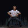 A sequence of animated frames showing a person in a white t-shirt and dark pants performing various poses against a dark background with vertical lines.