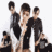 Five pixelated figures in dark clothing pose against a white background, with one central figure raising an arm.