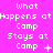 A static image with bright pink background displaying repeated white pixelated text "What Happens at Camp Stays at Camp" in three , each showing different punctuation variations below the main phrase