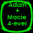 Four identical green-outlined square icons with black backgrounds display text reading "Adam + Macie 4-ever" in bright green pixelated font.