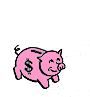 Animated pink piggy bank with dollar sign on side, showing coin insertion and hand movement sequences.