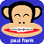 Pixelated monkey face with closed eyes, black hair, large ears, and red lips holding a gray object against blue background.