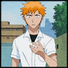 Anime character with spiky orange hair transitions from white shirt to dark robe amid blue lightning effects against urban backdrop.