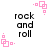 Pixelated text 'rock and roll' in black with pink square-and-dot corner decorations on white background.