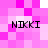 Pixelated pink background with four instances of the text 'NIKKI' in black block letters, each positioned at different corners